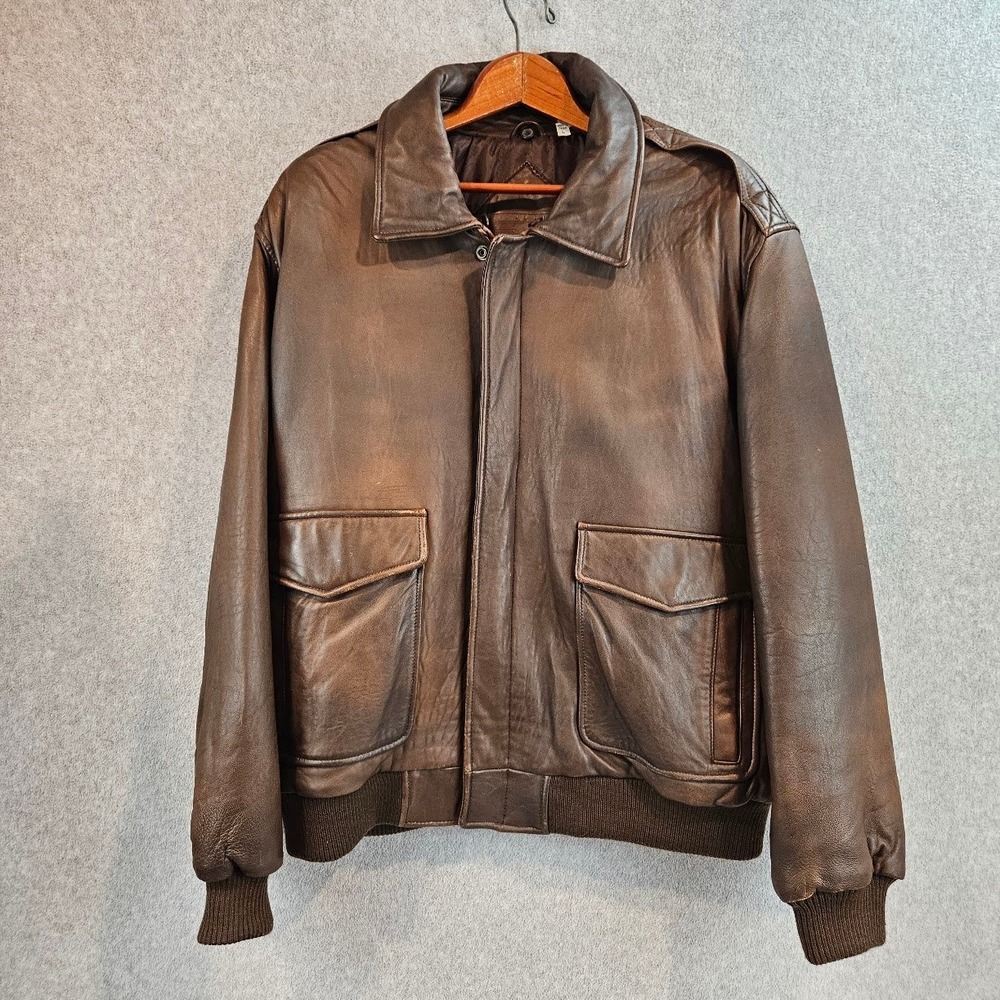 Roundtree & Yorke Mens Brown Lambskin Leather Bomber Jacket Aviator Map Lining L